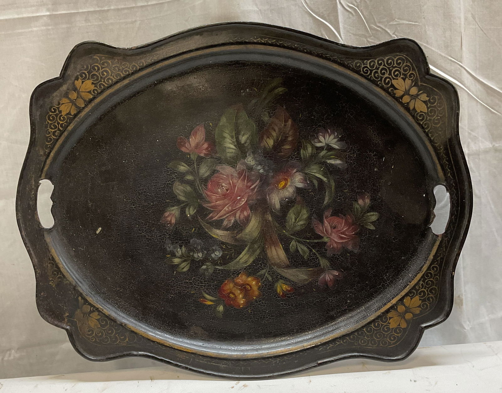Vintage Hand Painted Gilt Flower Tole Tray (1 of 6)