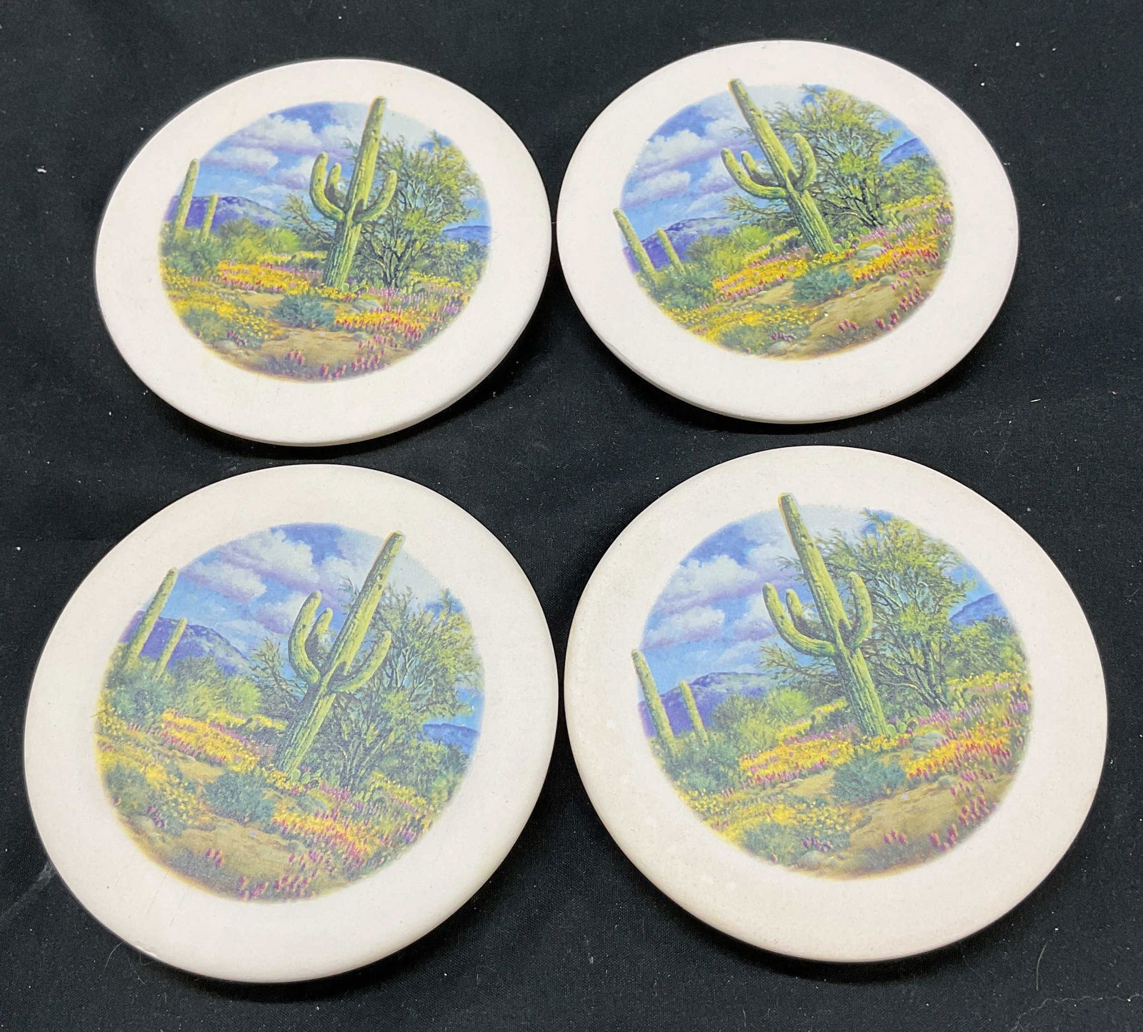 Set 4 Sandstone Rustic Coaster Cactus Desert: Set 4 sandstone rustic coaster southwestern cactus desert. Elevated coasters made of sandstone. Black foam underside. 4.25 inches. Some surface wear consistent with exposure. One coaster missing black