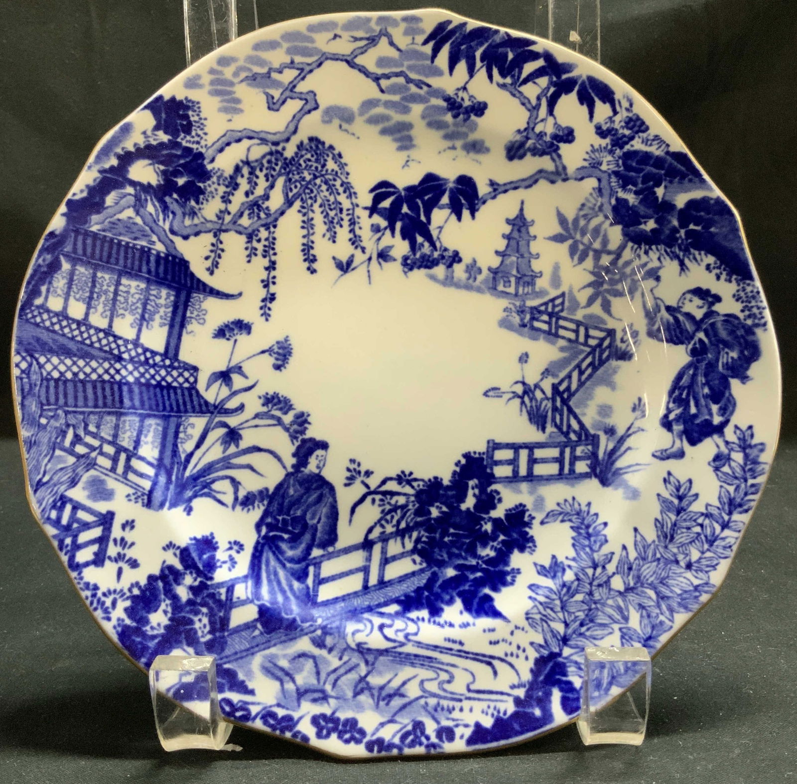 Vntg Royal Crown Derby Blue Mikado Plate ENGLAND: Plate is bone China material & features a blue and white Asian scenic and figural design. Scalloped rim. Signed & marked on underside. Reads, ROYAL CROWN DERBY. MADE IN ENGLAND. BONE CHINA. Surface we