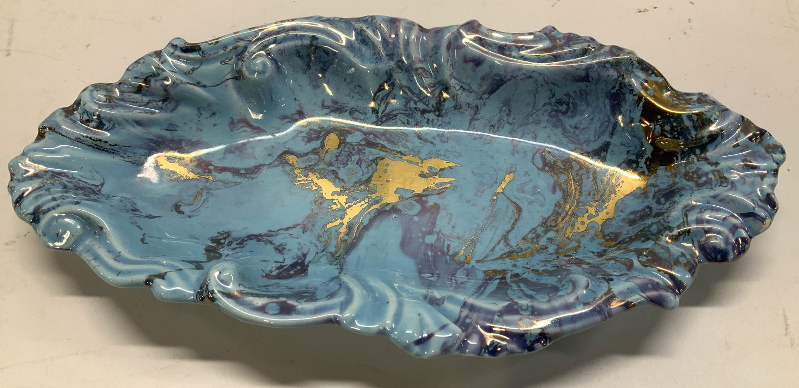 Vntg Blue & Purple Glazed Ruffled Ceramic Dish (1 of 6)