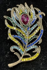 Gold Tone Crystal Peacock Feather Brooch