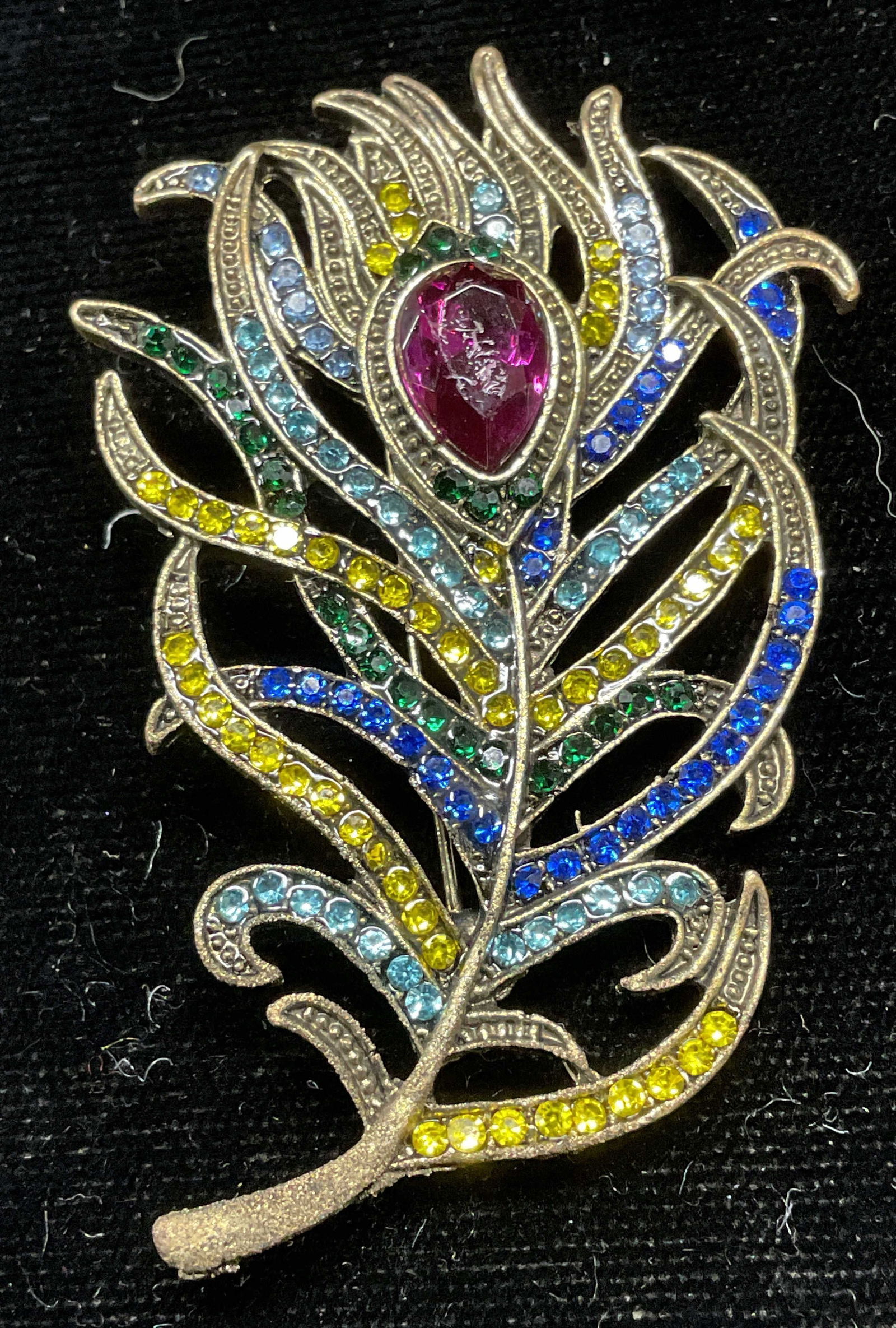 Gold Tone Crystal Peacock Feather Brooch