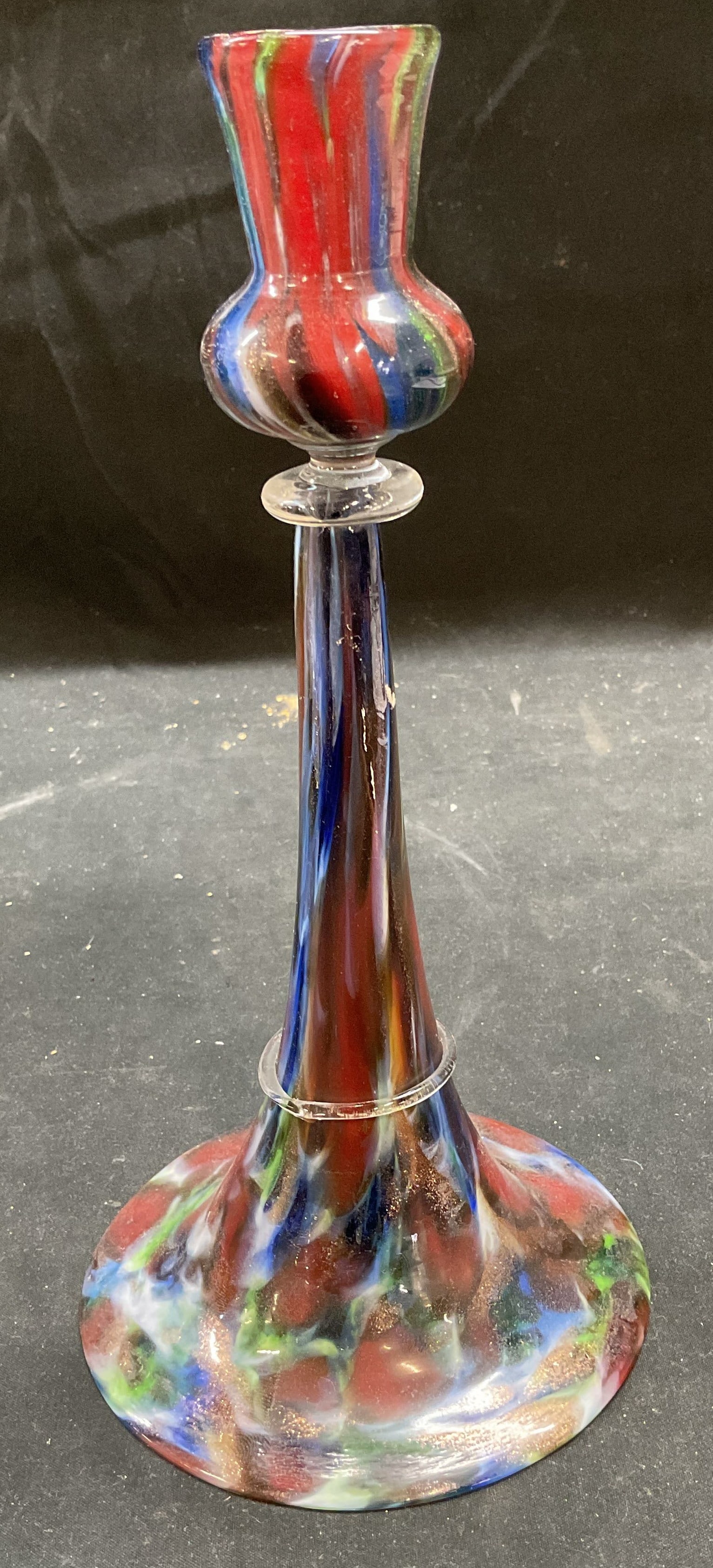 Hand Blown Red Blue Green Art Glass Candlestick: Hand blown art glass candlestick. Red, blue, and green. Wide round base with bulb shaped capital. Measures approx 4.5 x 9 inches. Some scratching. Art glass candlestick, decorative arts, home decor, h