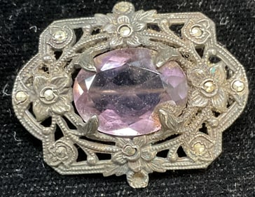 Vintage Sterling Silver Amethyst Brooch