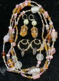 Lot 3 Jewelry Art Glass Necklace, Beaded Earrings