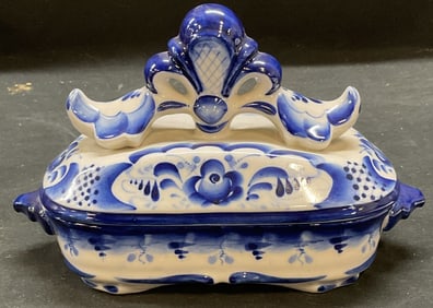 Gzhel Porcelain Blue & White Butter Dish, Russia