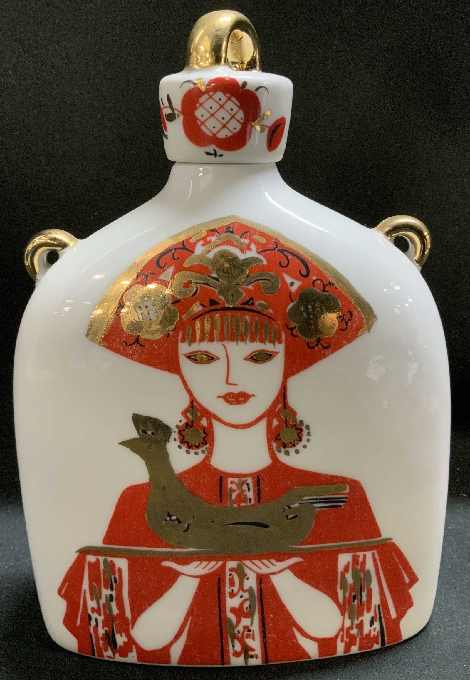 Vntg LOMONOSOV Slavic Girl Porc Decanter RUSSIA: Lomonosov porcelain decanter featuring a Slavic beauty girl design. Decanter is hand-painted & features gold accents. Reverse side of decanter has a rooster design. Surface wear consistent to age, use