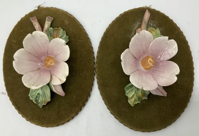 Vntg Pair Ceramic Flower Oval Wall Plaque