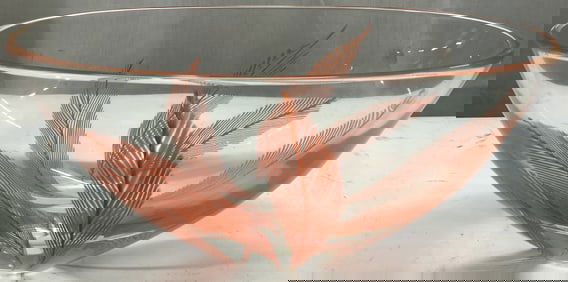 MCM Clear Glass Bowl W Orange Leaf Motifs