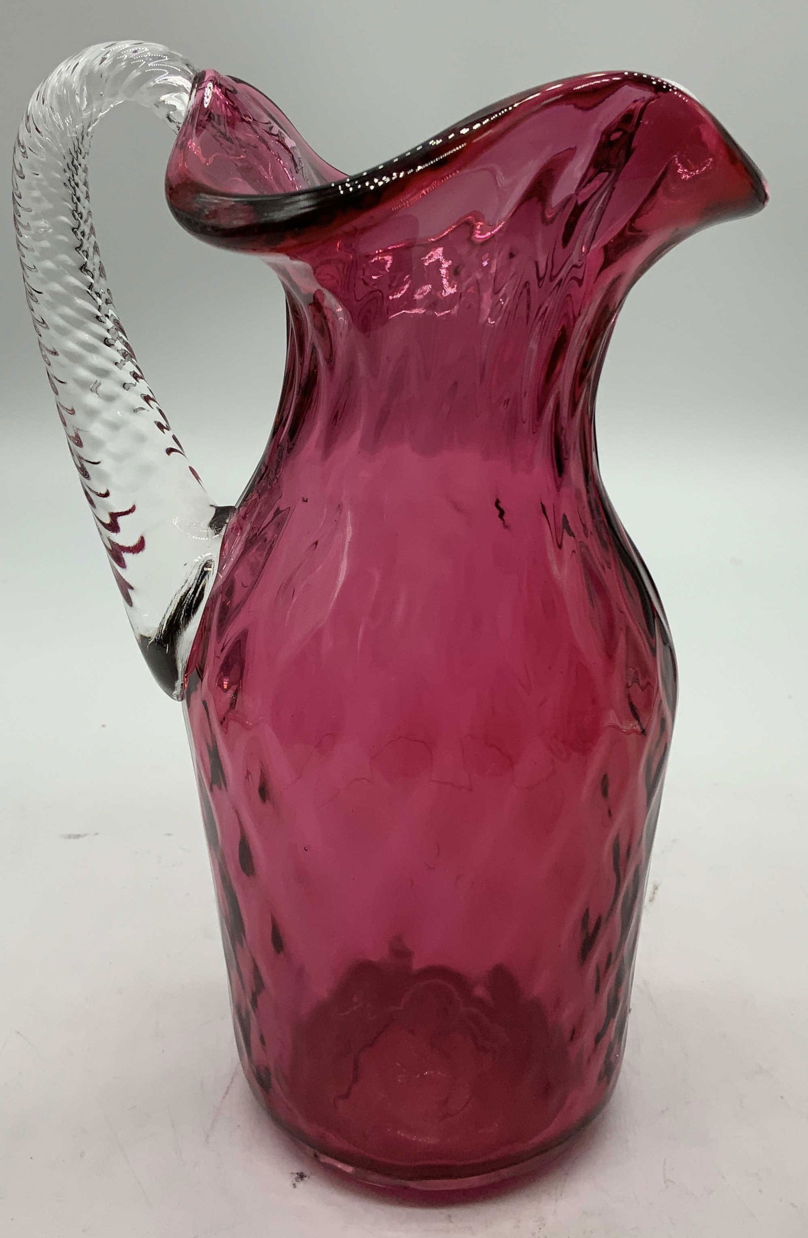 Vntg Hand Blown Cranberry Glass Ruffled Pitcher (1 of 7)