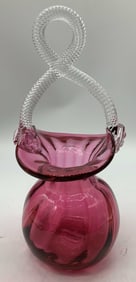 Hand Blown Cranberry Glass Basket W Twisted Handle