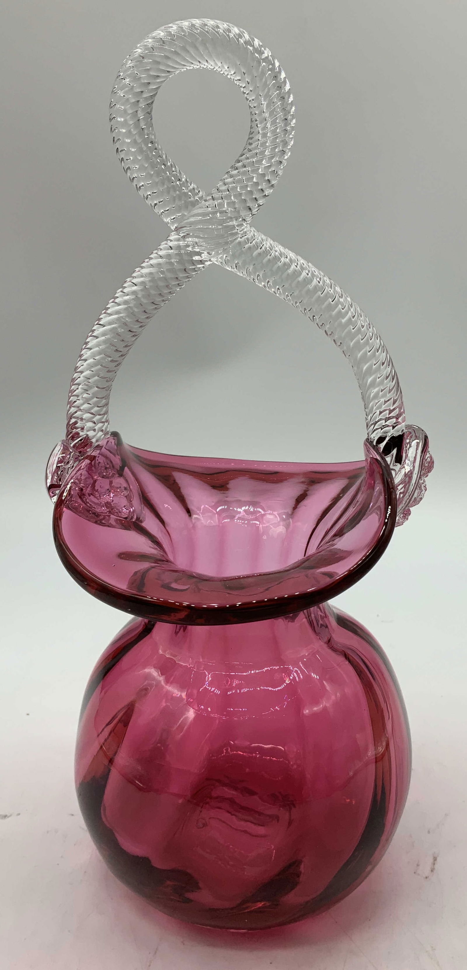 Hand Blown Cranberry Glass Basket W Twisted Handle (1 of 7)