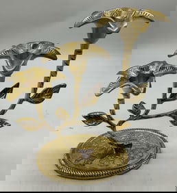 Vntg 3 Branch Floral Gilt Metal Candelabra INDIA