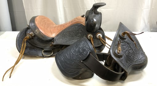 Vtg Tooled Black Western Leather Saddle & Stirrups