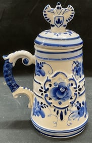 Vtg Gzhel Porcelain Blue & White Beer Stein Russia