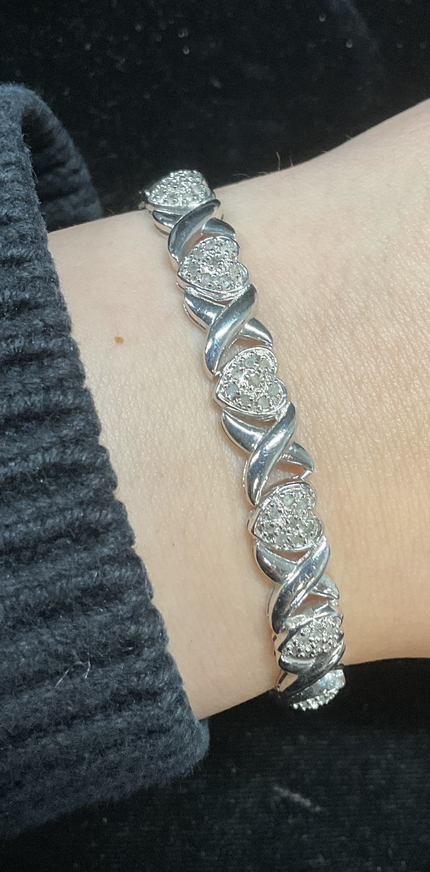 Signed FAS Silver Plated CZ Heart Bracelet: Signed FAS silver plated and cubic zirconia heart and x panel bracelet. Measures approx 7.25 inches long. Some wear including scratching observed. Jewelry, estate jewelry, fine jewelry, cocktail jewel