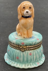 Vintage Hand Painted Porcelain Dog Trinket Box