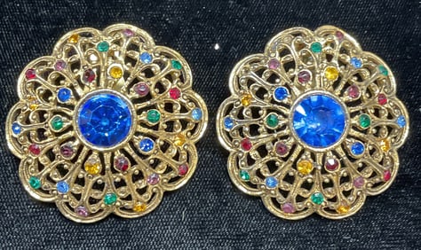 Vintage Gold Tone Crystal Flower Earrings