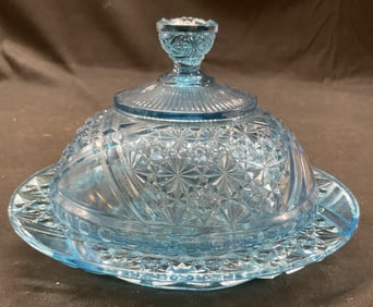 Vintage 2 Piece Set Blue Glass Butter Dish