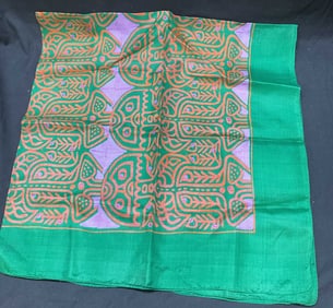 Vtg Green Silk Pattern Foulard Square Scarf India