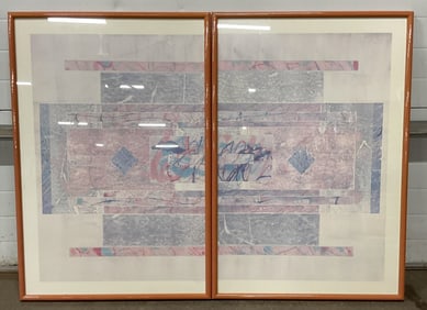 Pair Framed Abstract Stone Print Lithographs 38in