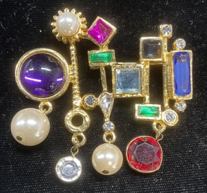 Vintage Gold Tone Faux Pearl Crystal Dangle Brooch