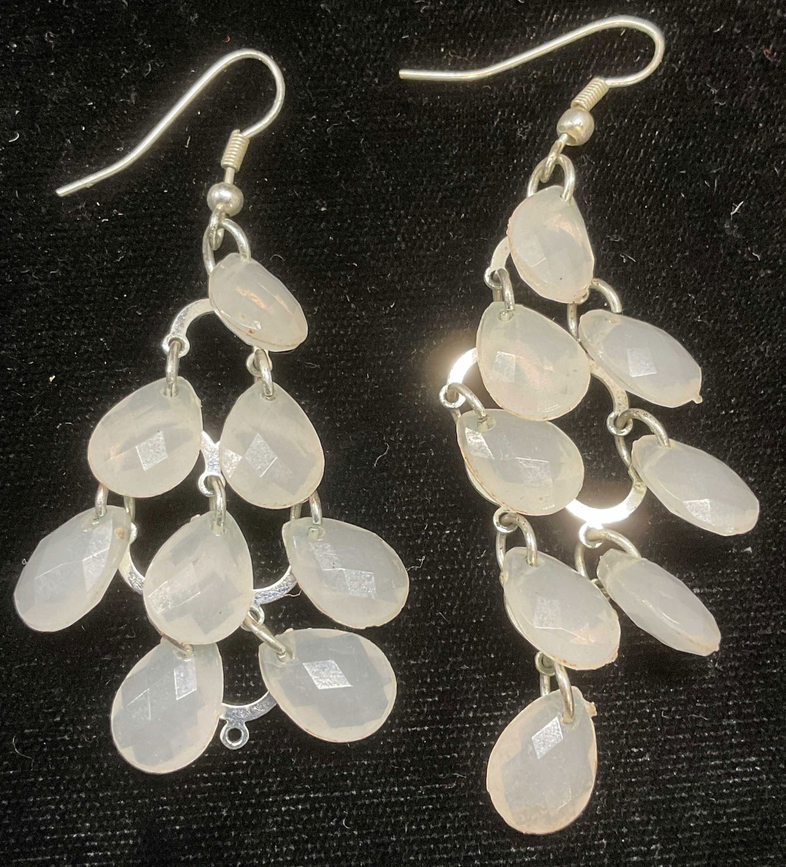 Vintage White Crystal Chandelier Earrings: Vintage silver tone white crystal chandelier earrings. Measure approx 2,25 inches long. One crystal needs replacement. Some wear including scratching. Jewelry, estate jewelry, costume jewelry, cocktai