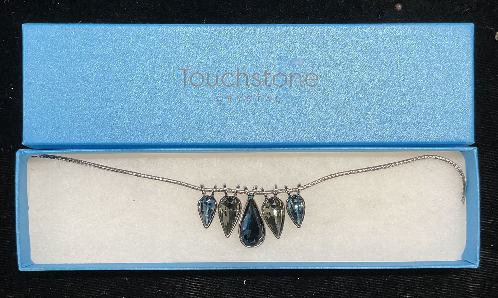 Swarovski Touchstone Crystal Pendant Necklace NIB: Touchstone by Swarovski silver tone crystal pendant necklace. Signed. New in box. Drop length approx 8.5 inches. Some scratching. Jewelry, estate jewelry, costume jewelry, cocktail jewelry, fashion je