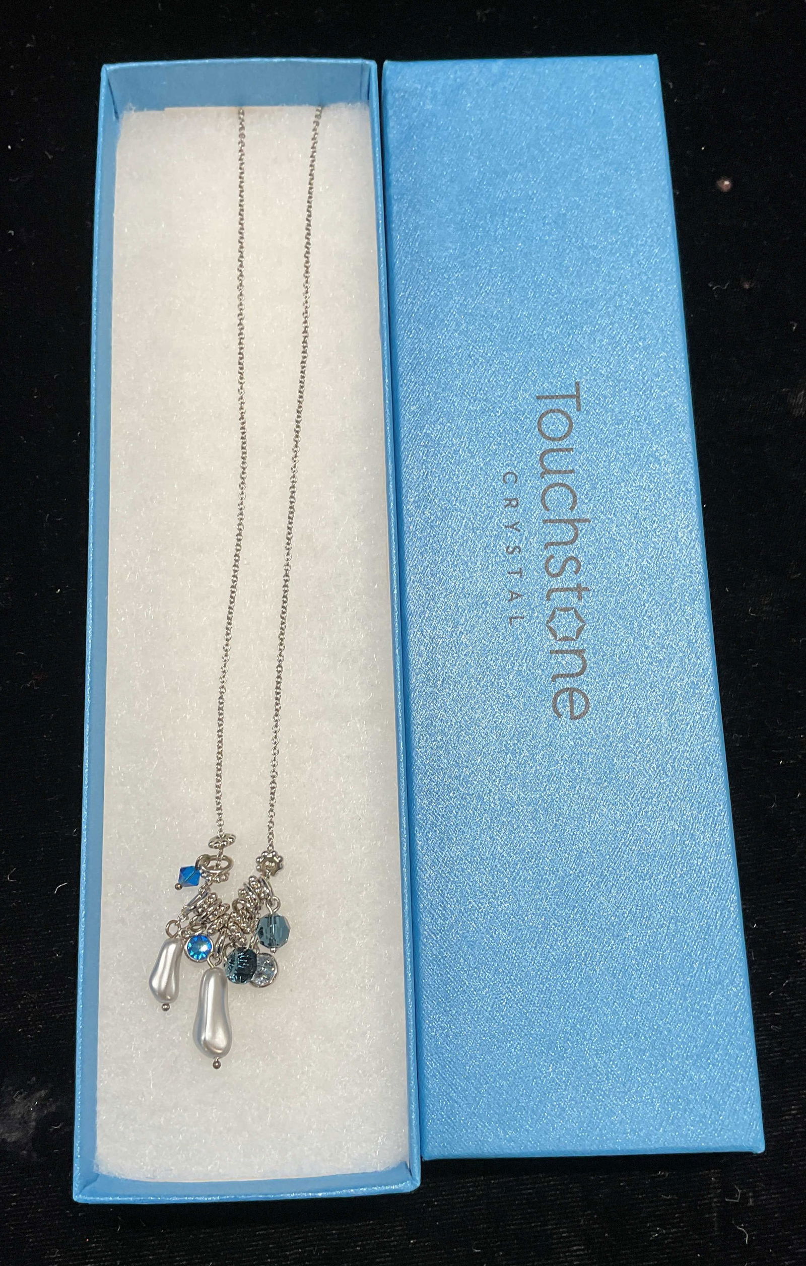 Swarovski Touchstone Crystal Pearl Necklace NIB: Touchstone by Swarovski silver tone crystal and pearl pendant necklace. Signed. New in box. Drop length approx 11 inches. Some scratching. Jewelry, estate jewelry, costume jewelry, cocktail jewelry, f