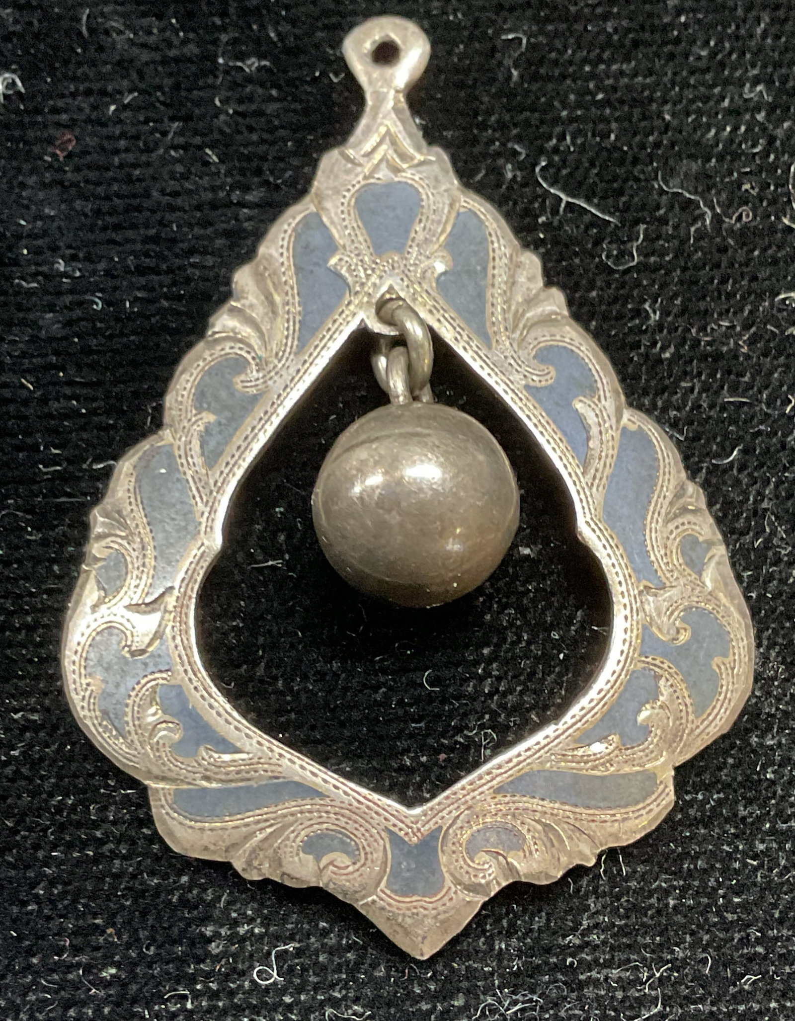 Vintage Amfar Co Sterling Silver Pendant: Vintage Amfar Co Sterling silver Thai drop and ball pendant. Signed. Marked sterling. Made in Siam. Measures approx 1.75 x 1.25 inches. Total weight 5.2 grams. Some scratching. Jewelry, estate jewelry