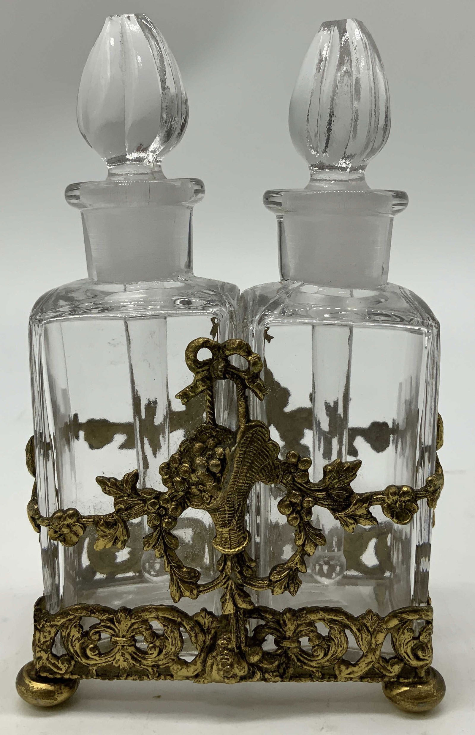 Antq Glass Perfume Bottles W Ornate Gilt Metal (1 of 6)