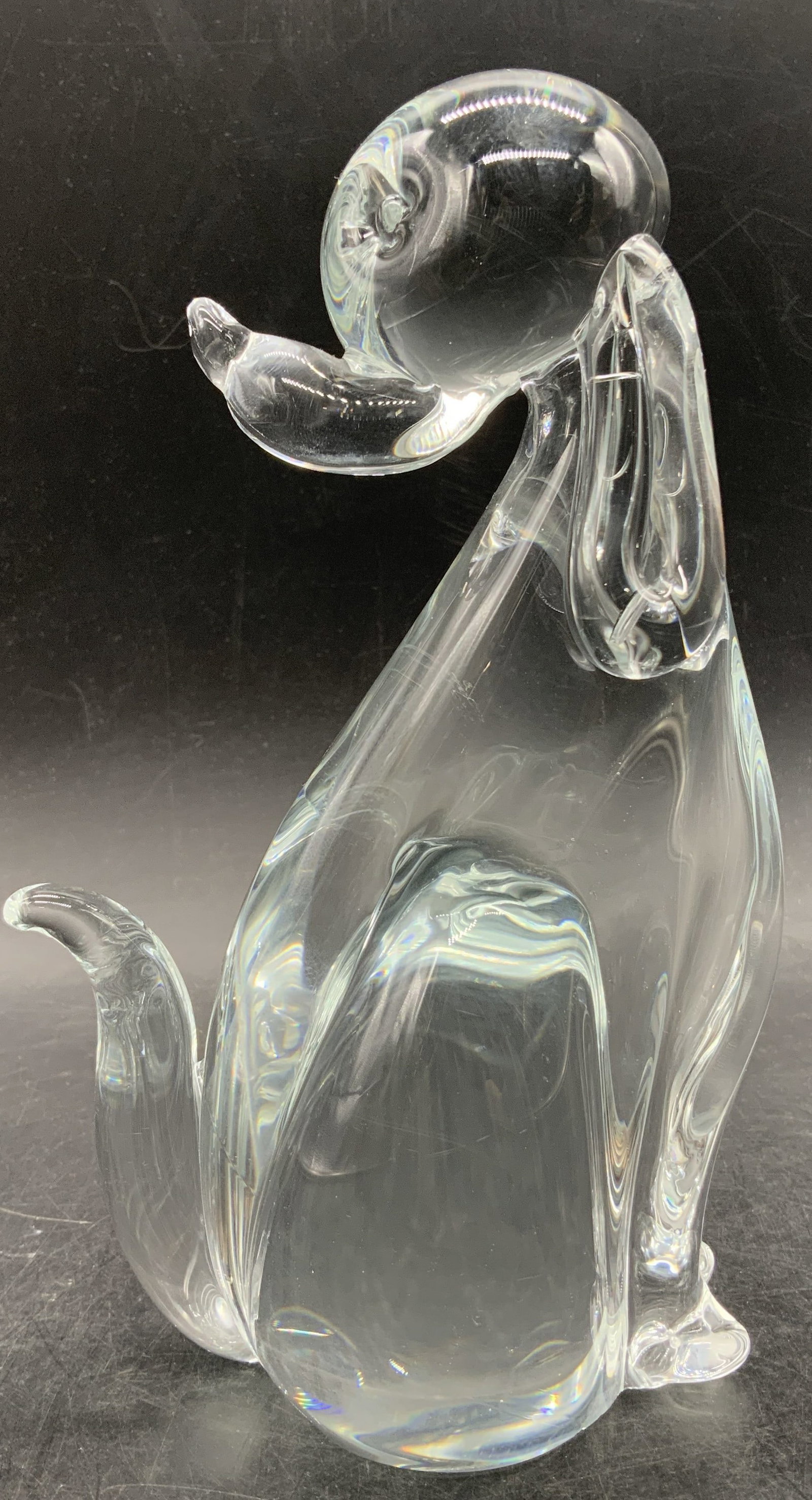 Vntg MURANO Hand Blown Poodle Figurine ITALY: Piece is handcrafted from clear glass & depicts a possible poodle dog in a sitting position. Floppy ears & raised tail. Surface wear consistent to age, use & exposure. Measurements: length 2.5in x wid