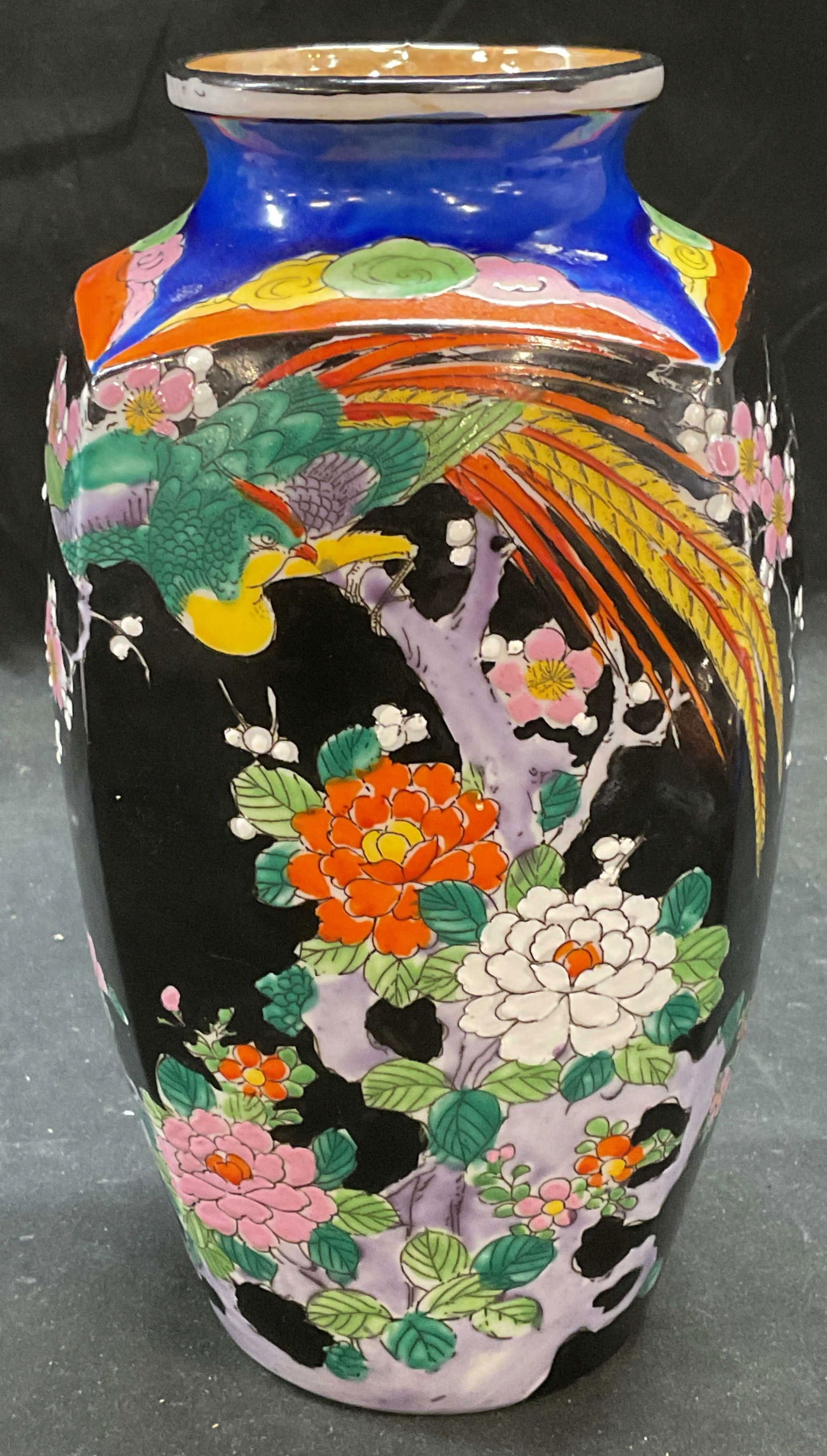 Vintage Hand Painted Floral Porcelain Vase, Japan: Vintage hand painted porcelain vase. Made in Japan. Floral and Phoenix motifs. Measures approx 4 x 4 x 8.75 inches. Some scratching. Japanese fade, Asians vase, porcelain vase, floral vase, phoenix va