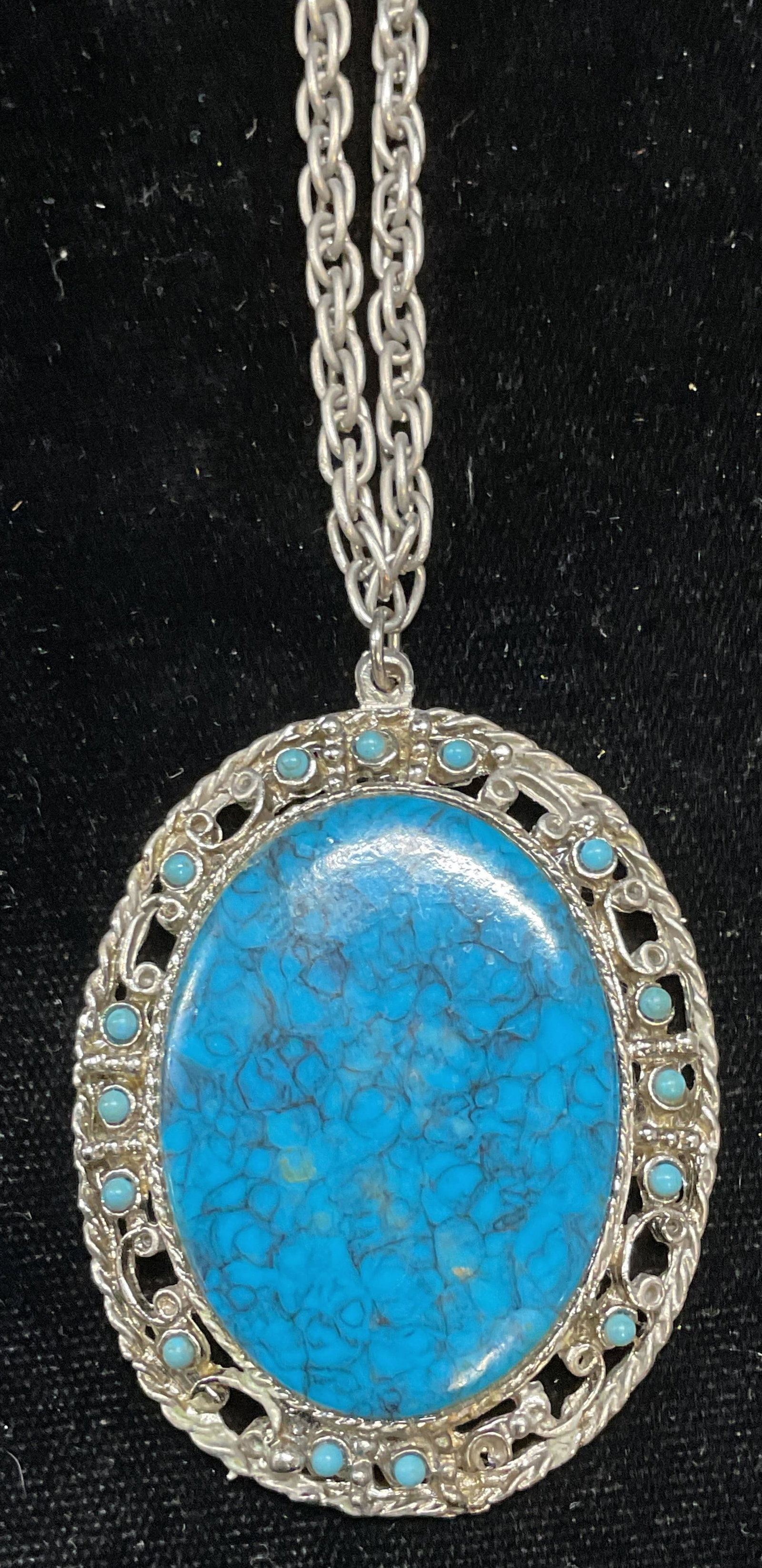 Silver Tone Faux Turquoise Pendant Necklace: Silver tone necklace with faux turquoise cabochon pendant. Drop length approx 12 inches. Some cabochons need replacement. Some wear including scratching. Jewelry, estate jewelry, costume jewelry, cock