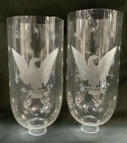 Pair Clear Glass Hurricane Shade W Etched Eagle
