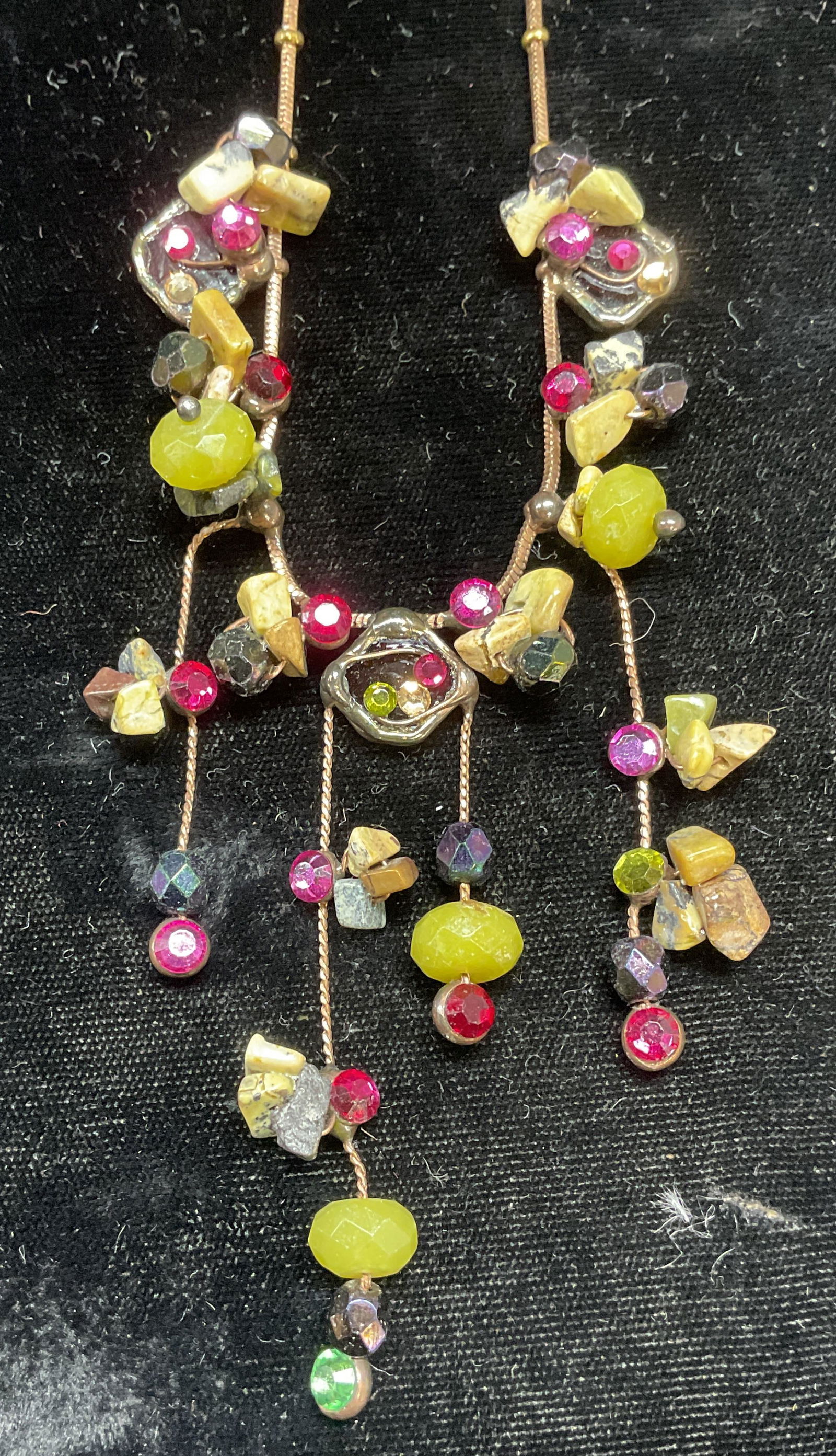 Vtg Laly Semiprecious & Crystal Necklace: Vintage signed Laly semiprecious stone and crystal beaded necklace. Drop length approx 8.5 inches. Some scratching. Jewelry, estate jewelry, costume jewelry, cocktail jewelry, fashion jewelry, accesso