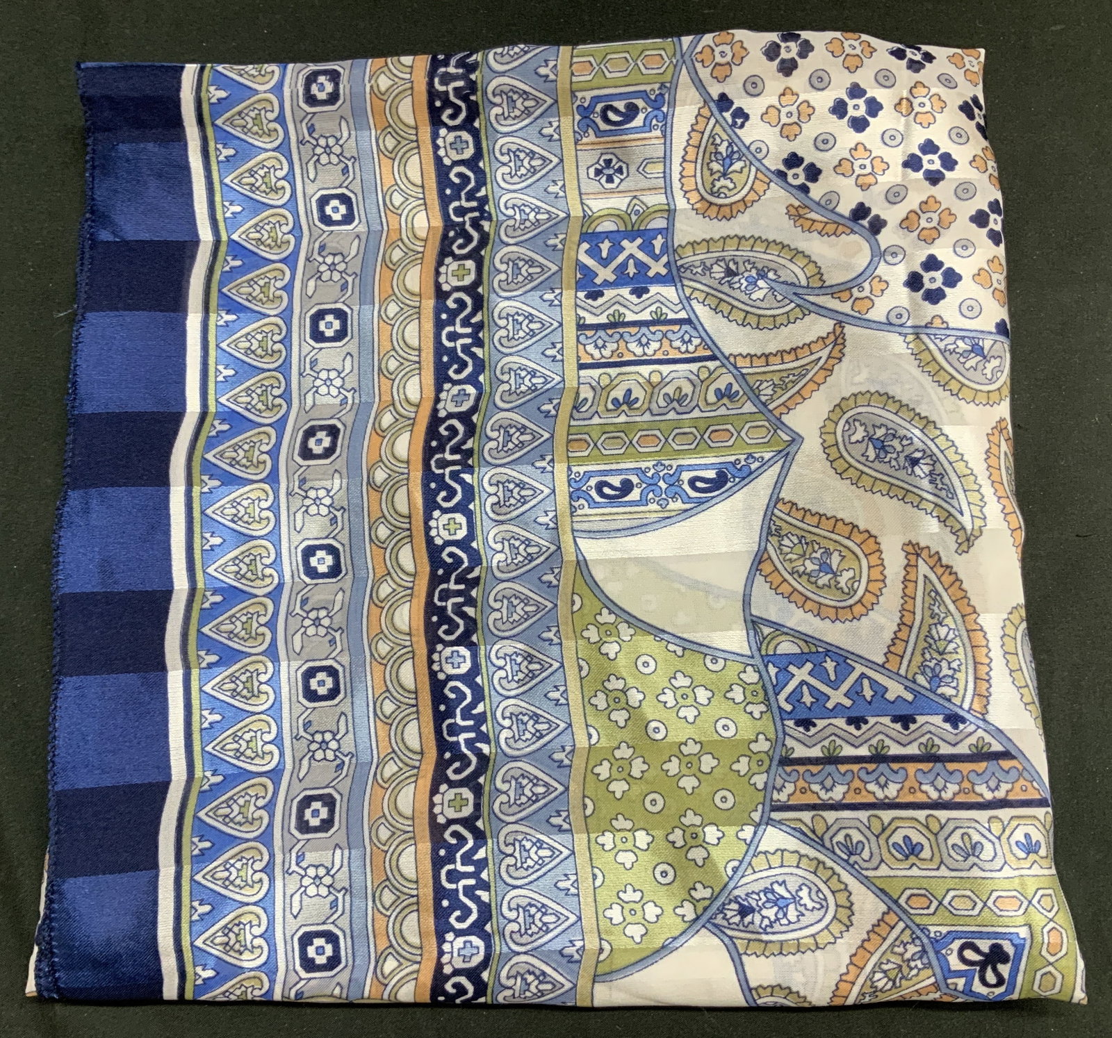 Vintage Seren Blue Paisley Print Scarf: Scarf is synthetic material & features a paisley w geometric print in shades of navy, green, cream & white. Borders of scarf has heart-shaped motifs. Visible signature, reads SEREN. Surface wear consi
