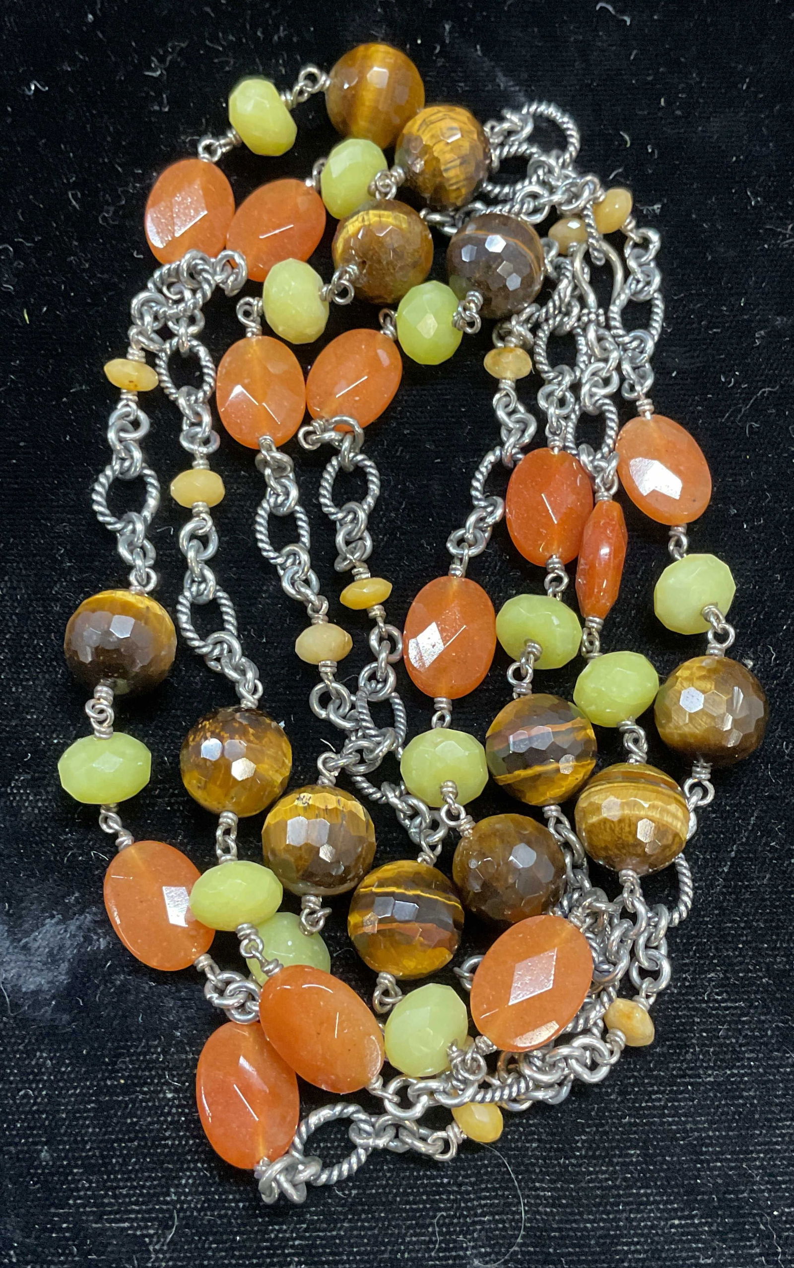 Vintage Silver Tone Semiprecious Beaded Necklace: Vintage silver tone chain necklace with semiprecious stone beads. Drop length approx 25 inches. Some scratching. Jewelry, estate jewelry, costume jewelry, cocktail jewelry, fashion jewelry, accessory,