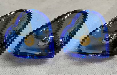 Baccarat Gold Tone Blue Crystal Heart Earrings