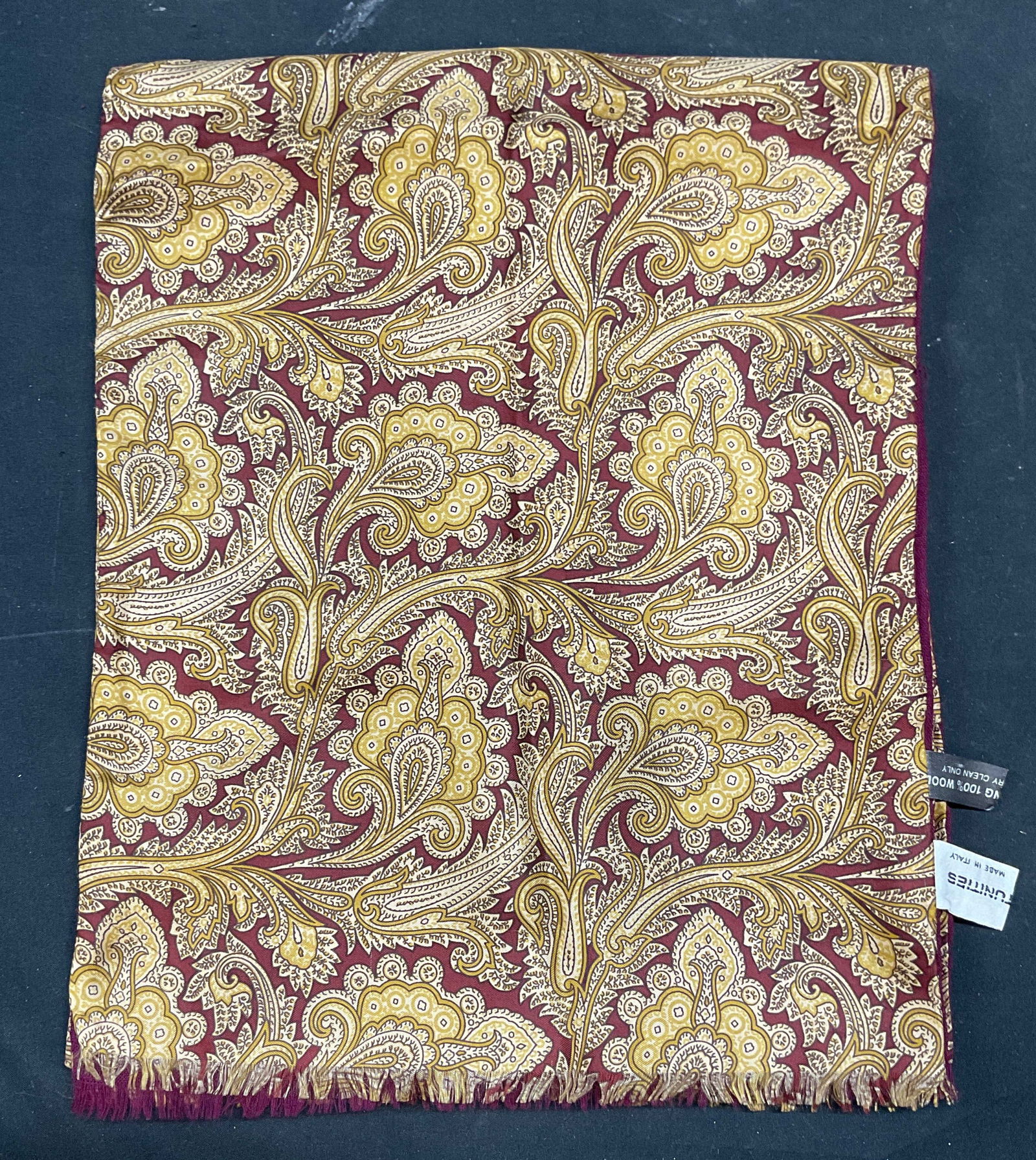 Opportunities Gold Paisley Silk Wool Scarf Italy: Opportunities red and gold paisley pattern silk and wool scarf. Made in Italy. Measures approx 55 inches long. Some wear consistent with exposure. Opportunities scarf, designer scarf, silk scarf, wool