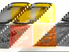 Lot 4 Gls Vessels Enamel Tile & SYROCO Wd Tray: Lot includes 2 olive toned glass vessels, 1 orange toned enamel tile with rooster detail trademarked GEORGES BRIARD, & 1 red toned Ash tray, tag on backside reads SYROCO WOOD with Asian architecture a