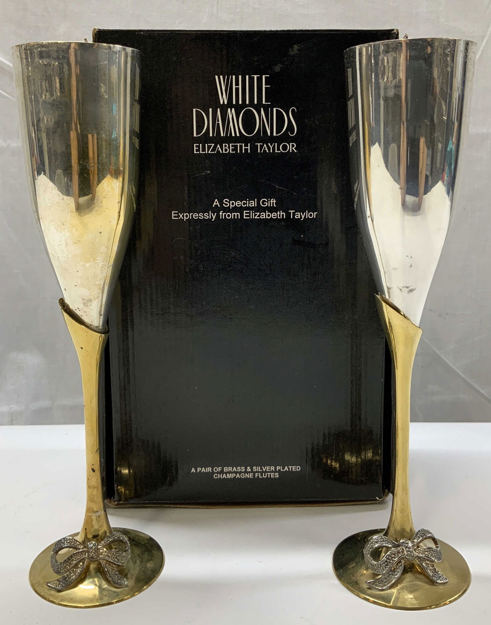 White Diamonds Pair Brass & Slvr Plted Flutes W Bx (1 of 9)