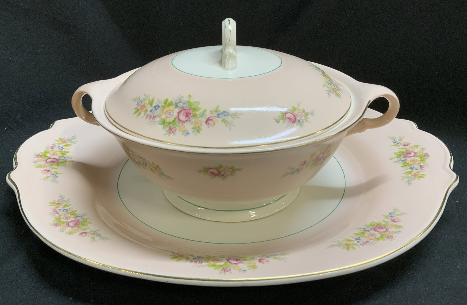 Vtg Limoges Troubadour Pink Tureen & Plate USA: Lot includes, lidded tureen & matching under plate. Pieces feature hand-painted floral motifs w gold accents. Plate has a scalloped edge. Platter Signed & marked on underside. Reads, CANDLE LIGHT. MAD