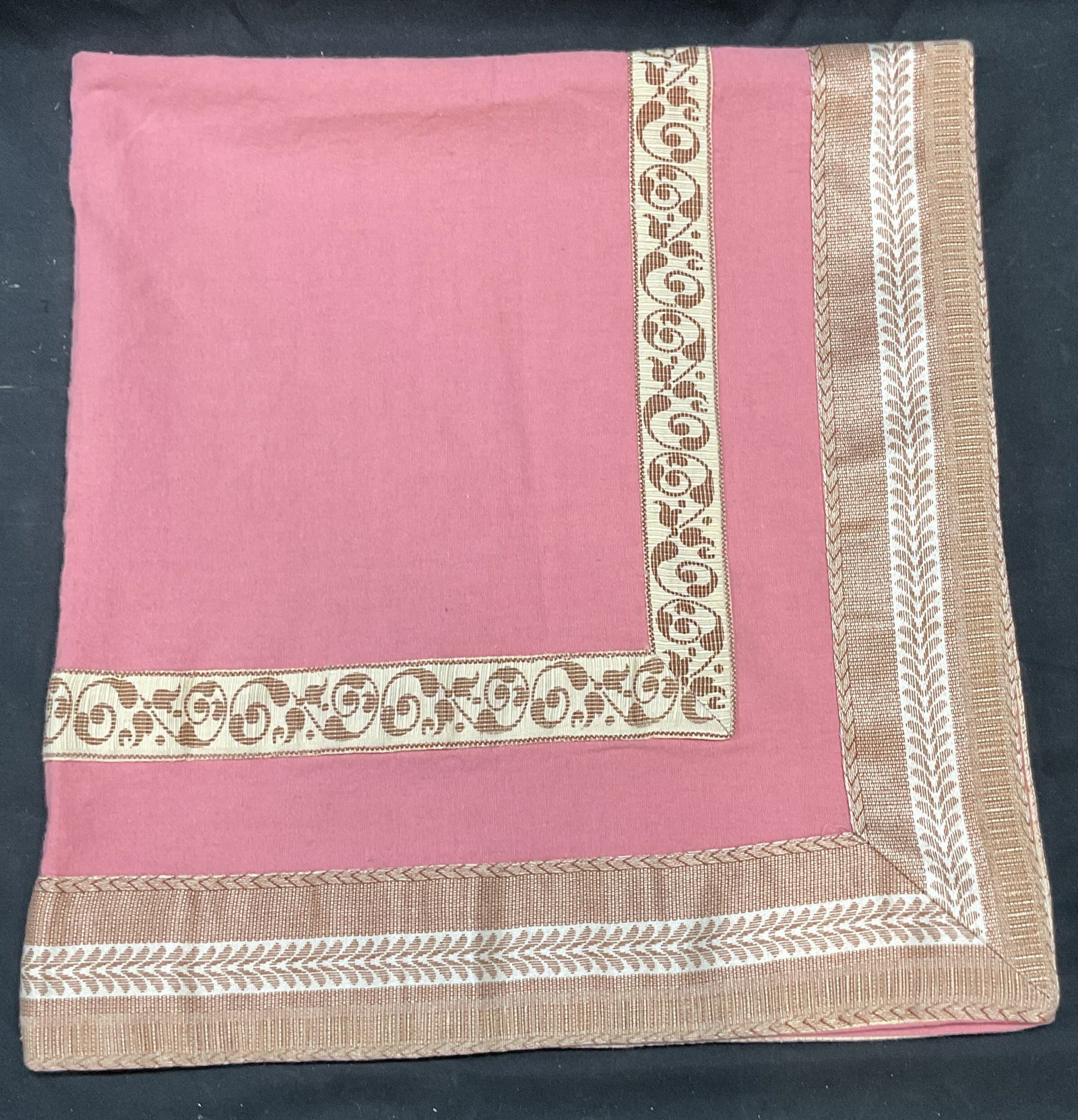 Vintage Pink & Gold Scroll Trim Tablecloth: Vintage pink tablecloth with gold and white scroll pattern trim border. Feels like cotton. Measures approx 30 x 30 inches. Some wear consistent with exposure. Tablecloth, pink tablecloth, gold tablecl