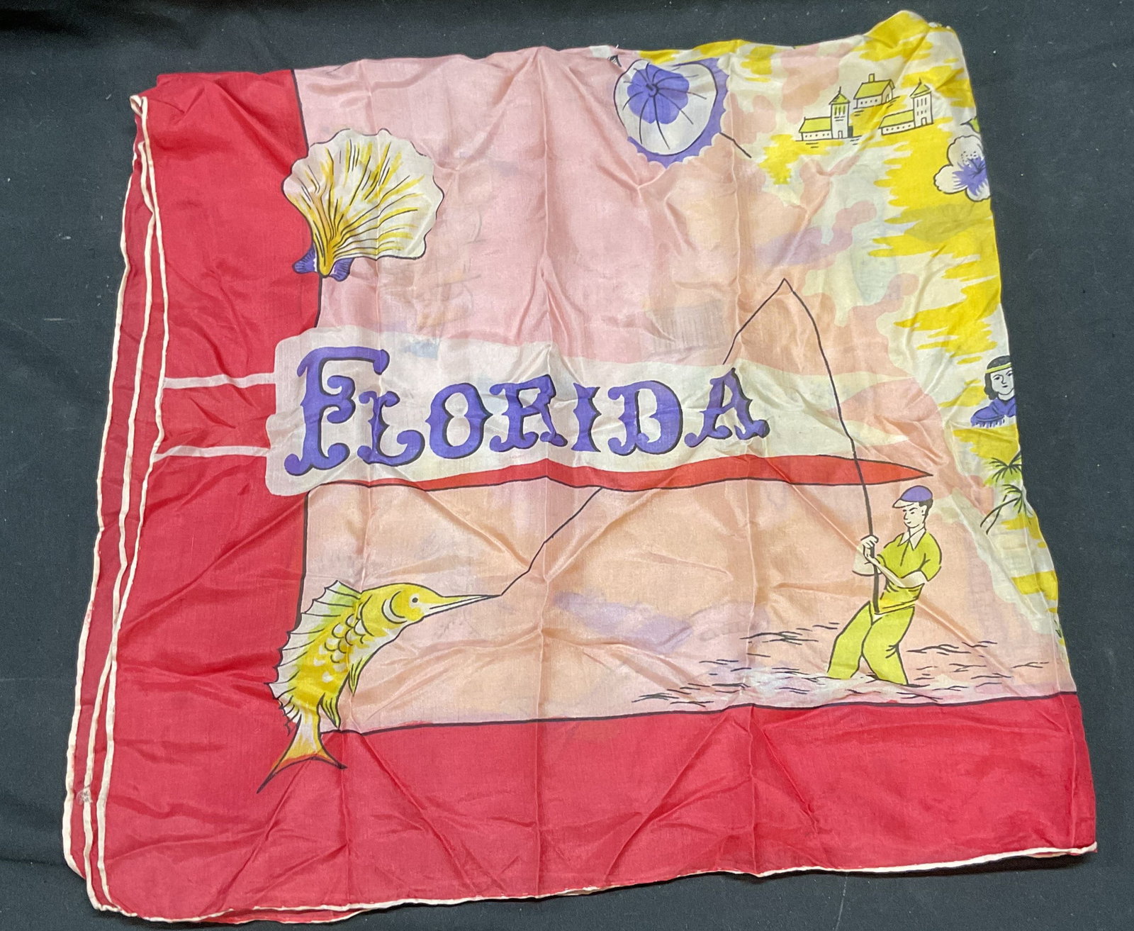 Vintage Florida Travel Souvenir Silk Scarf: Vintage Florida motif travel souvenir silk scarf. Red, pink, yellow. Measures approx 34 x 34 inches. Wear including small holes, pulling, blemishes. Florida scarf, silk scarf, souvenir scarf, travel s
