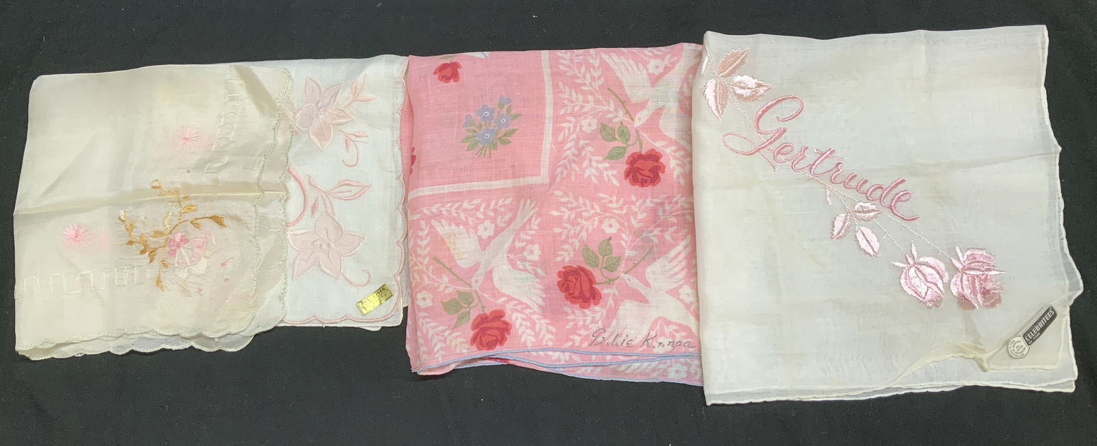 Lot 4 Vntg Handkerchiefs HONGKONG Switzerland+: Lot includes, 4 assorted floral handkerchiefs. Handkerchiefs have pink, yellow & green tones. Linen & cotton material. Signed & marked. Reads, ALL LINEN. EXCLUSIVE OF DECORATION. MADE IN HONG KONG. HA