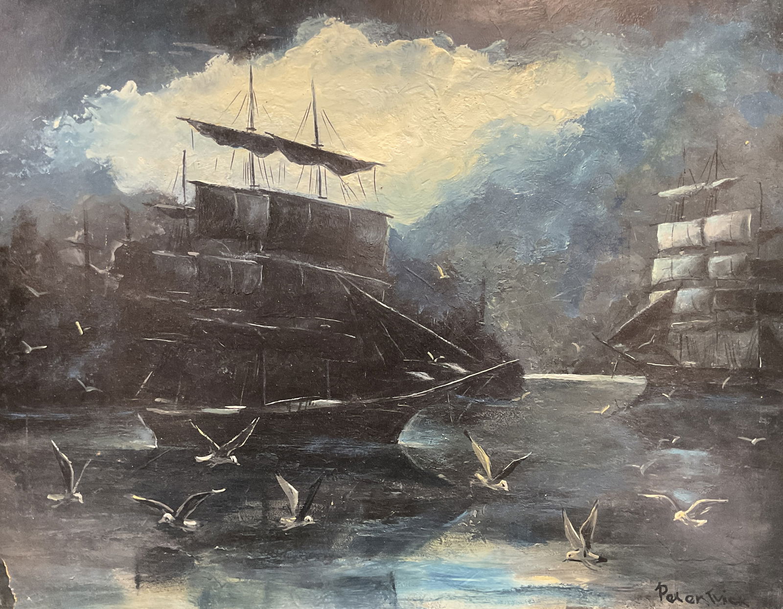 Signed Ships At Night Oil Painting 30in (1 of 7)