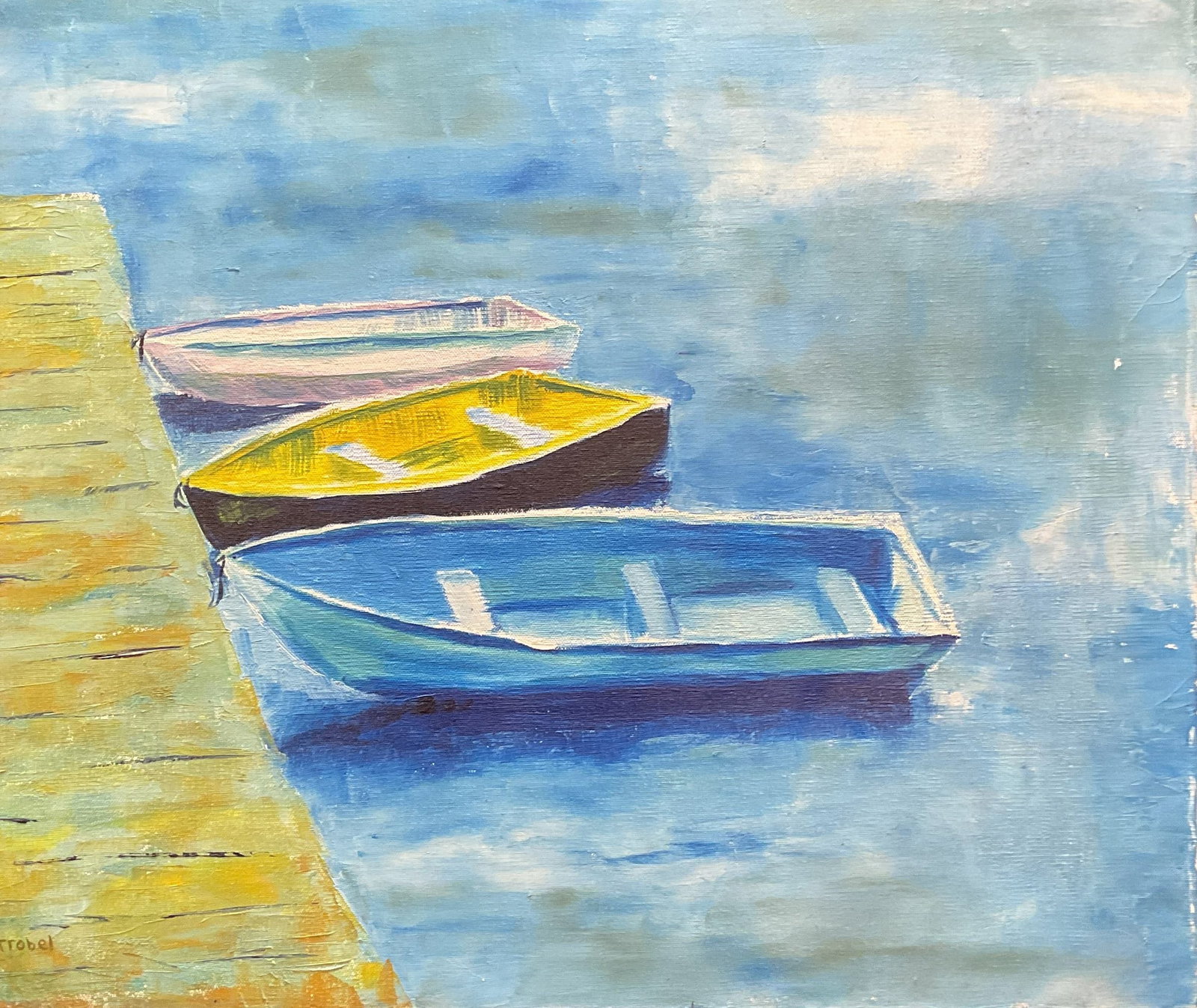 Signed C Strobel Boats Dock Oil Painting 24.5in: Framed oil on canvas painting. Signed C. Strobel at lower left. Boats at a dock. Black frame. Not examined out of frame. Frame measures approx 20.5 x 24.5 inches. Some wear including loss to paint aro