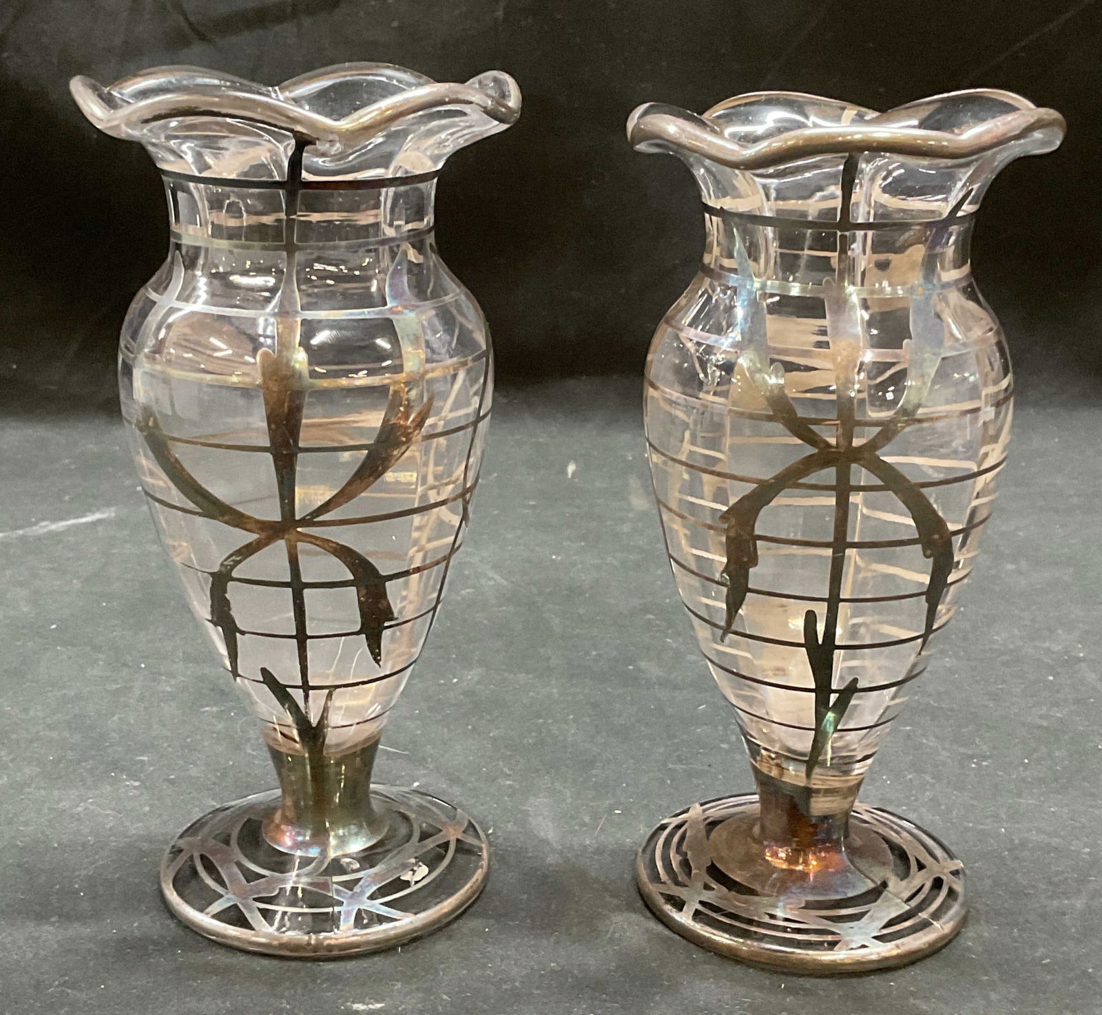 Pair Sterling Silver Overlay Glass Vases (1 of 6)