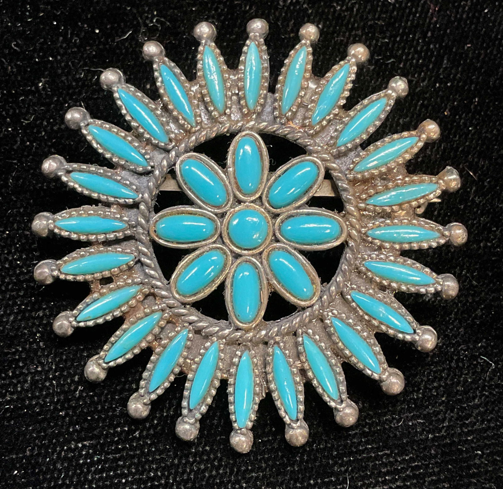 Vtg Signed Silver Tn Faux Turquoise Brooch (1 of 6)